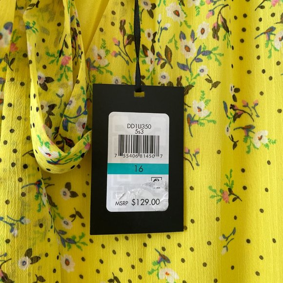 DKNY Yellow Floral, Short Sleeve,‎ V-Neck Dress with Tie Neck, Size 16, NWT - Picture 8 of 12